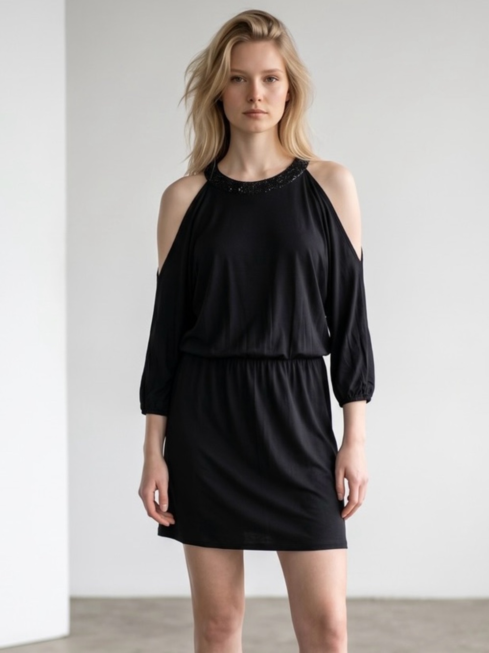 Guess Sequins Off Shoulder Elbow Length Sleeves Black Midi Dress